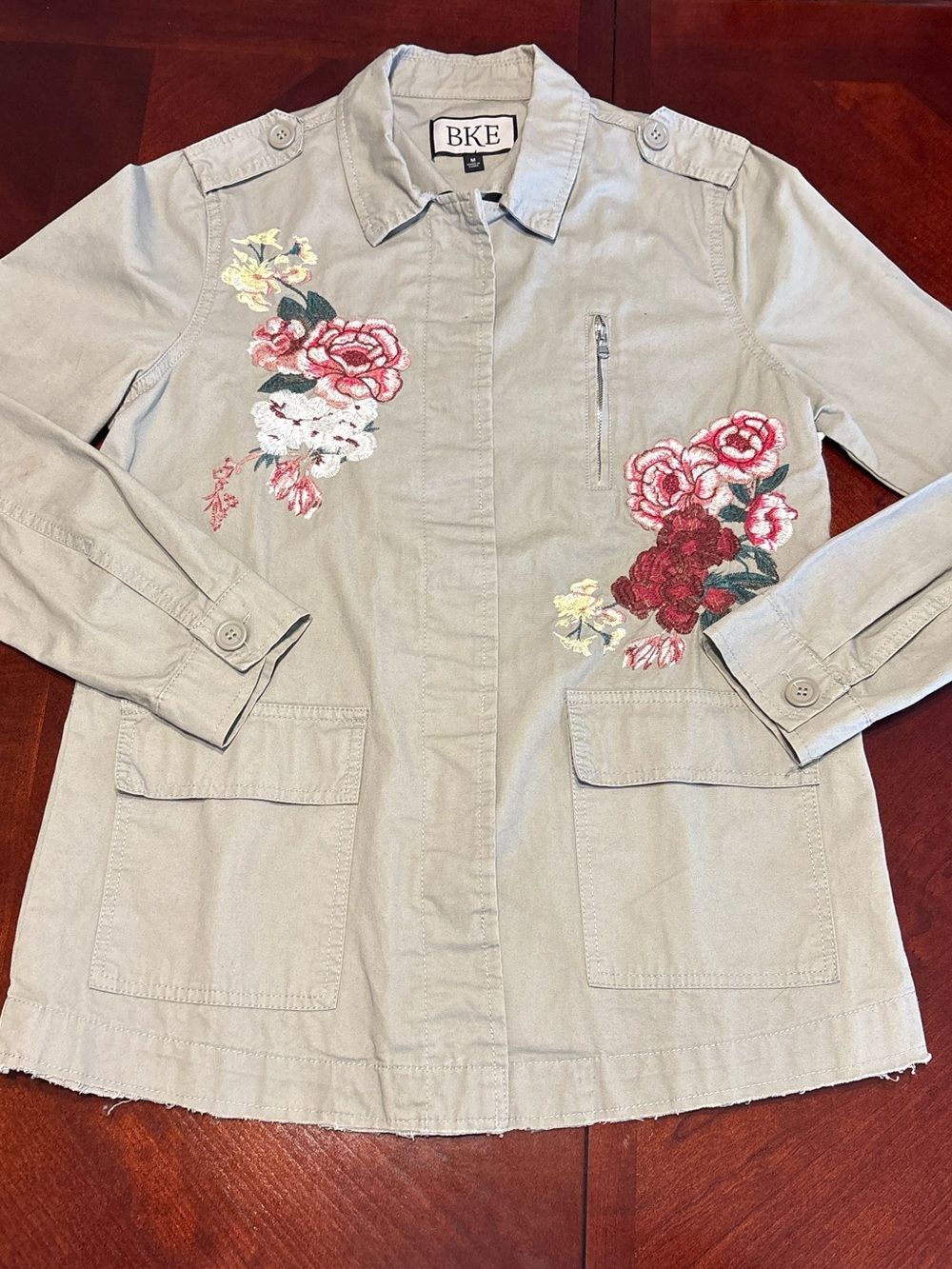 BKE Light Beige Floral Embroidered Utility Jacket